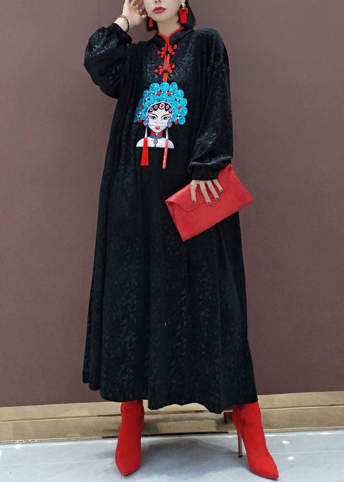 Vintage Black Oriental Velour Long Dresses