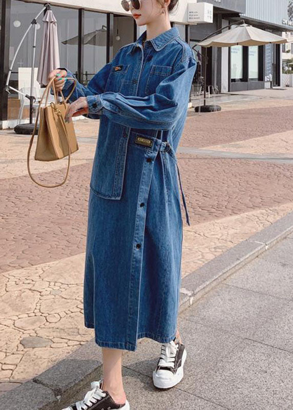 Loose Blue Pockets Button asymmetrical design Denim Long sleeve Long Dress