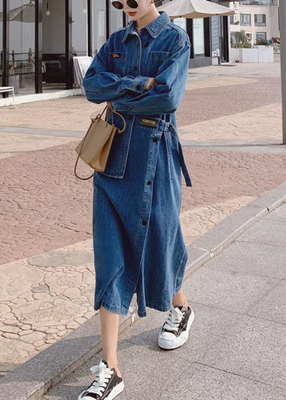 Loose Blue Pockets Button asymmetrical design Denim Long sleeve Long Dress