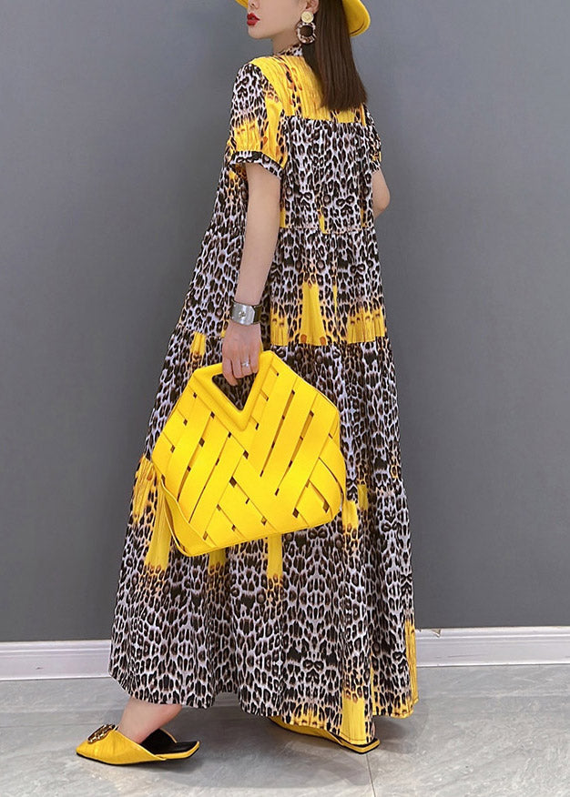 Top Quality Yellow Print Patchwork Long Dress Short Sleeve