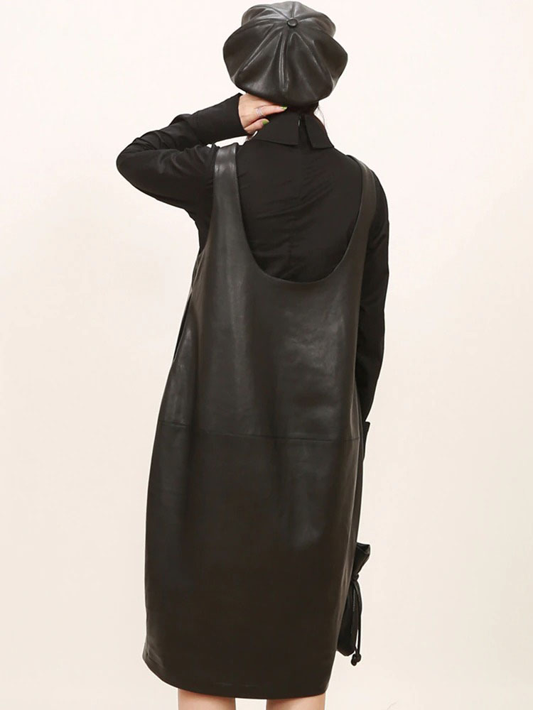 Casual Loose Solid Color U-Neck Splicing Bandage Faux Leather Straps Dress