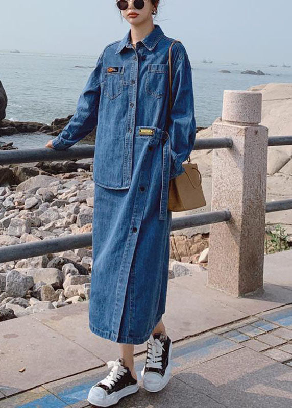 Loose Blue Pockets Button asymmetrical design Denim Long sleeve Long Dress