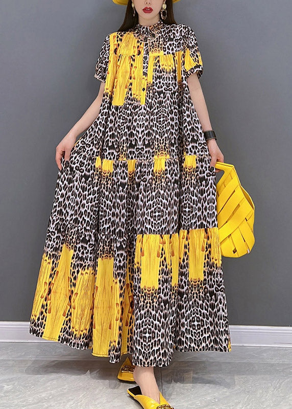Top Quality Yellow Print Patchwork Long Dress Short Sleeve