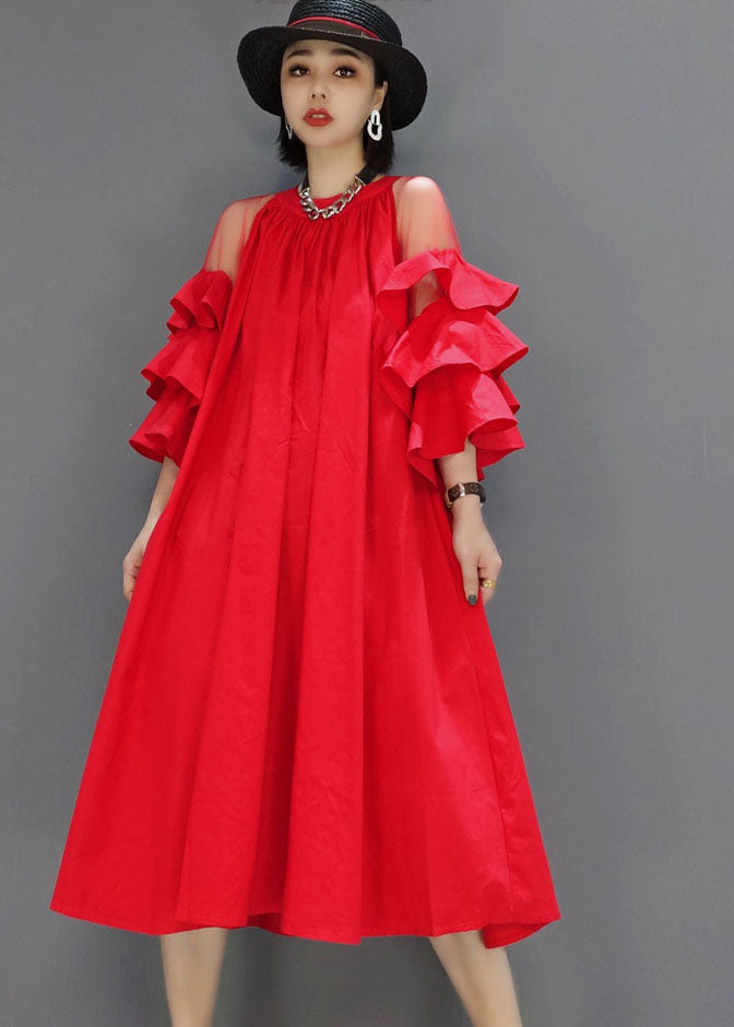 Modern Red wrinkled Patchwork Tulle Butterfly Sleeve A Line Dress