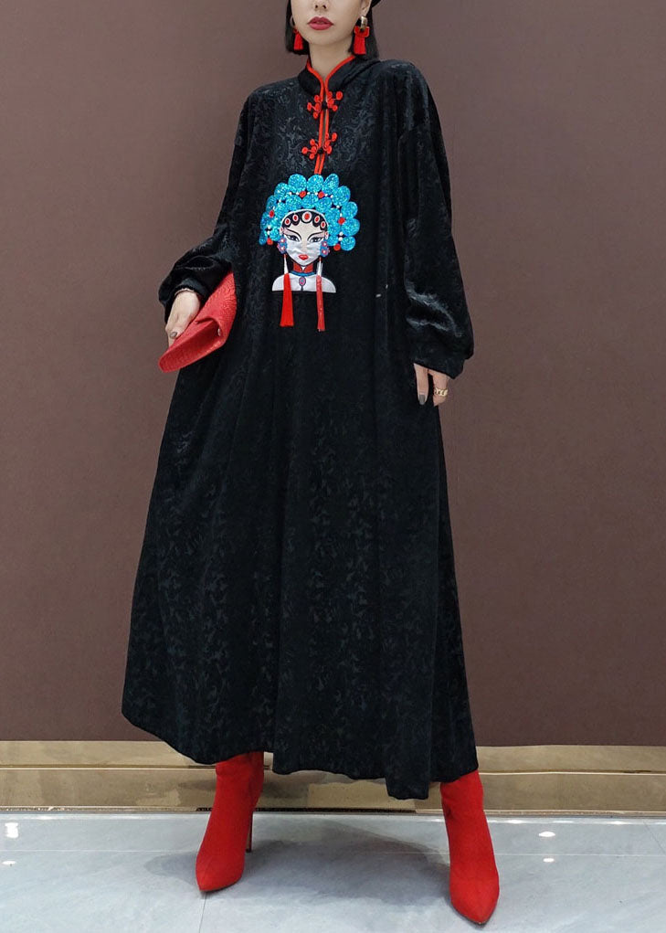 Vintage Black Oriental Velour Long Dresses