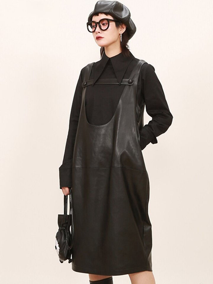 Casual Loose Solid Color U-Neck Splicing Bandage Faux Leather Straps Dress