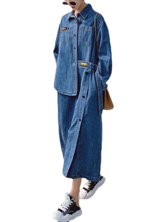 Loose Blue Pockets Button asymmetrical design Denim Long sleeve Long Dress