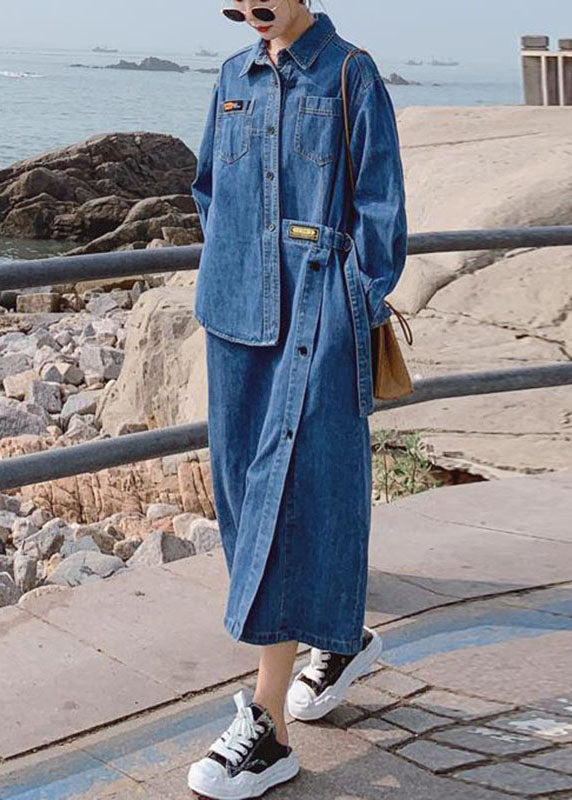 Loose Blue Pockets Button asymmetrical design Denim Long sleeve Long Dress
