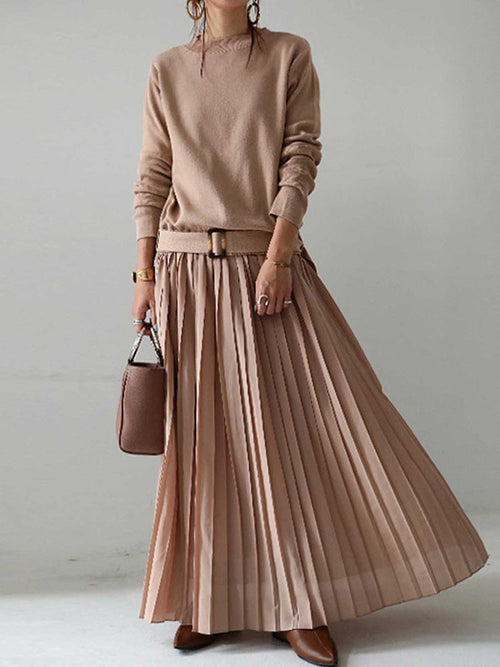 Elegant Round Neck Belt Solid Pullover Knit Panel Long Sleeve Pleated Dress
