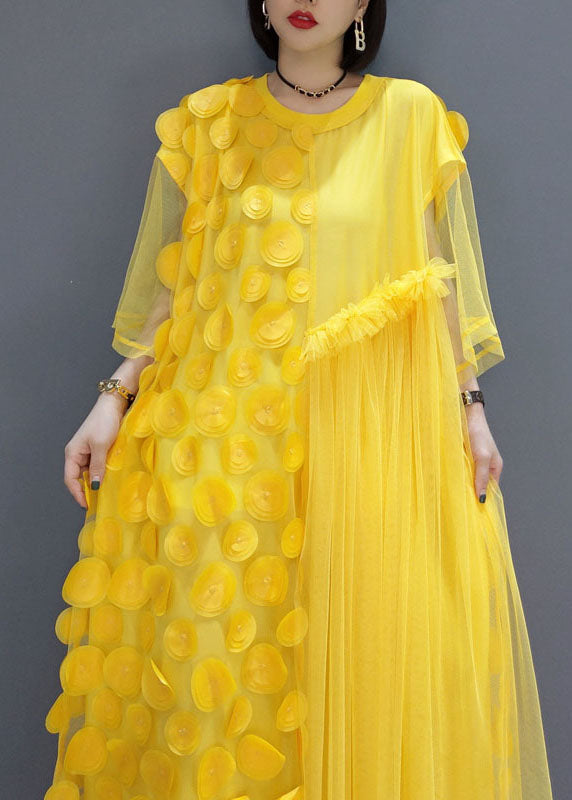 Plus Size Yellow Patchwork Tulle long Dresses