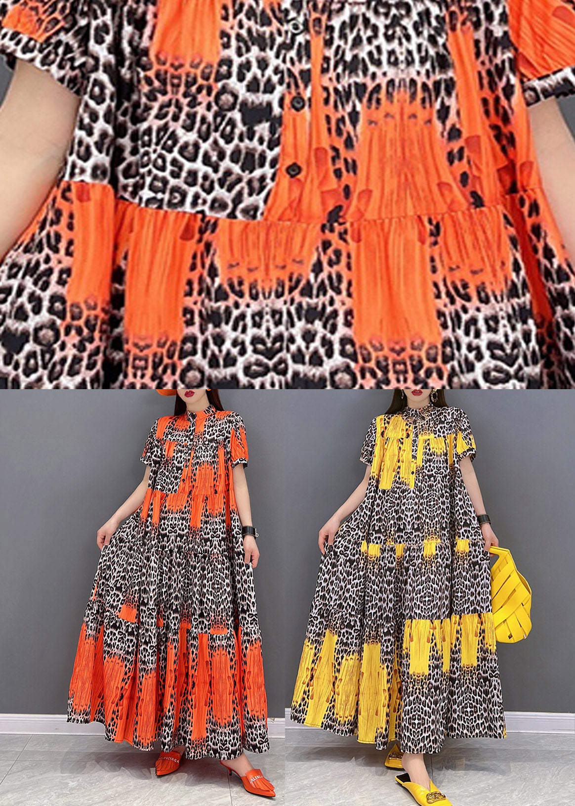 Top Quality Yellow Print Patchwork Long Dress Short Sleeve
