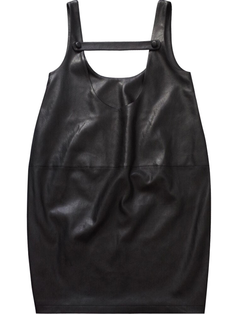 Casual Loose Solid Color U-Neck Splicing Bandage Faux Leather Straps Dress