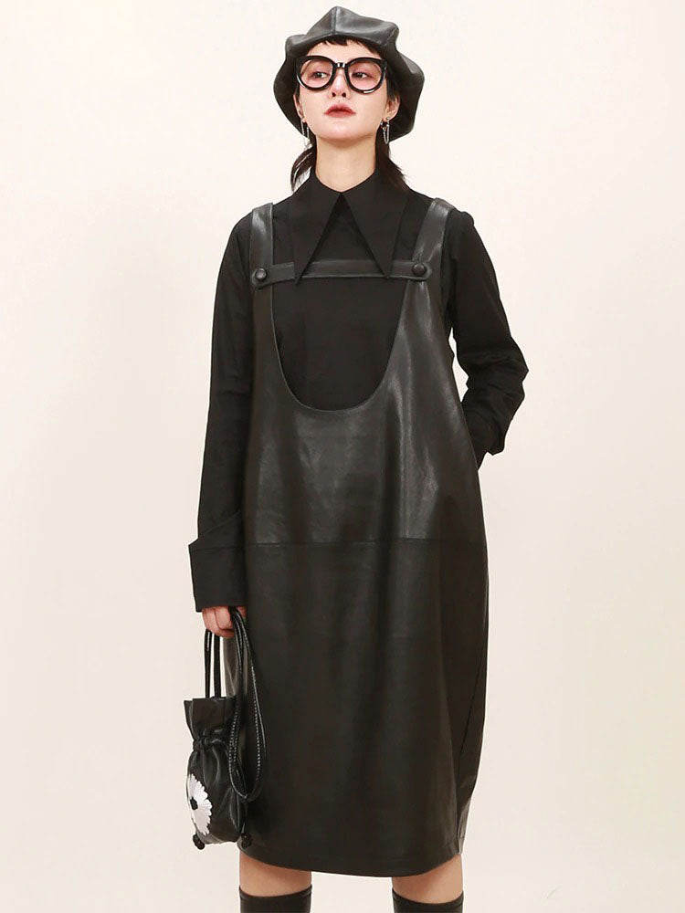 Casual Loose Solid Color U-Neck Splicing Bandage Faux Leather Straps Dress