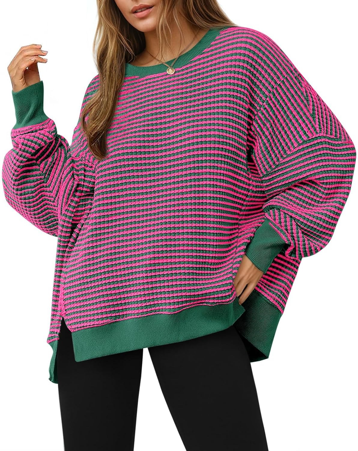 ⏰Hot Sale-Women's Oversized Sweatshirt Waffle Long Sleeve Split Pullover Tunic Tops(BUY 2 FREE SHIPPING)