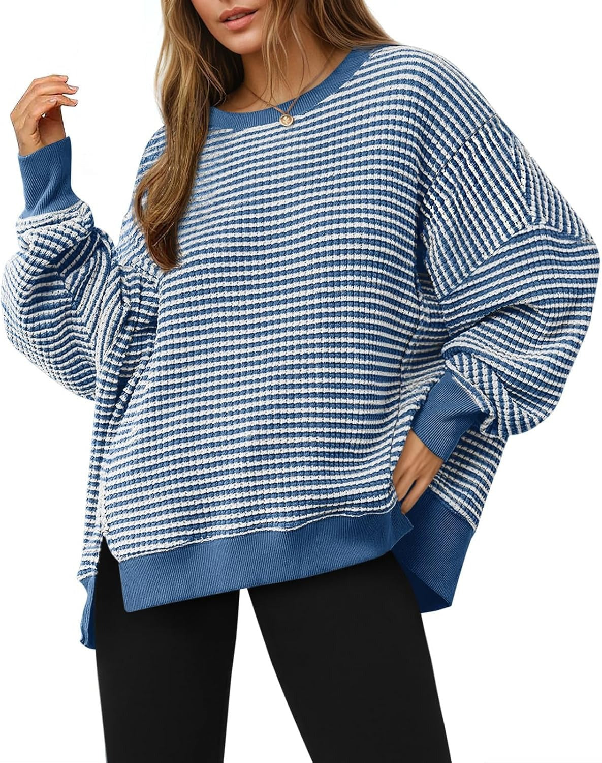 ⏰Hot Sale-Women's Oversized Sweatshirt Waffle Long Sleeve Split Pullover Tunic Tops(BUY 2 FREE SHIPPING)