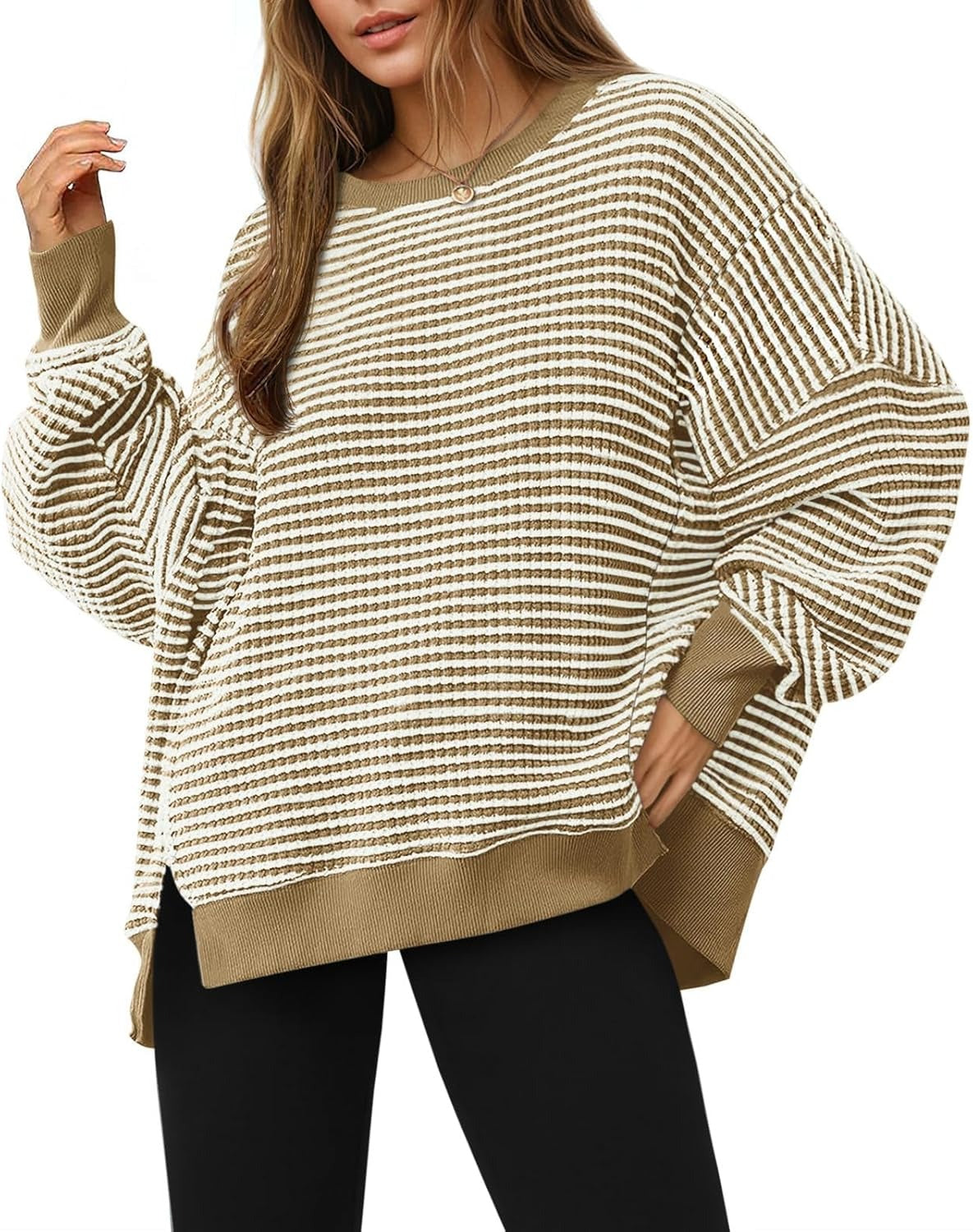 ⏰Hot Sale-Women's Oversized Sweatshirt Waffle Long Sleeve Split Pullover Tunic Tops(BUY 2 FREE SHIPPING)