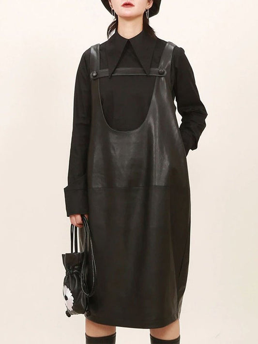 Casual Loose Solid Color U-Neck Splicing Bandage Faux Leather Straps Dress