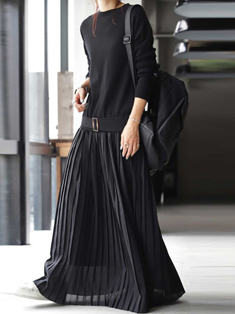 Elegant Round Neck Belt Solid Pullover Knit Panel Long Sleeve Pleated Dress