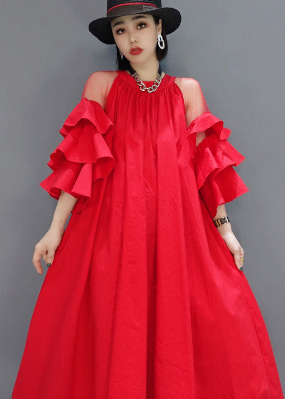 Modern Red wrinkled Patchwork Tulle Butterfly Sleeve A Line Dress