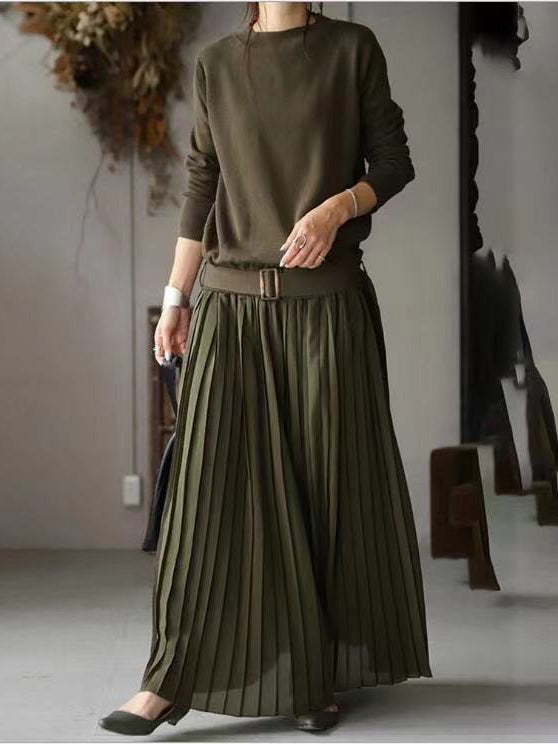 Elegant Round Neck Belt Solid Pullover Knit Panel Long Sleeve Pleated Dress