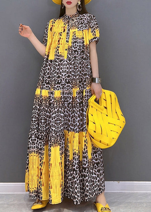 Top Quality Yellow Print Patchwork Long Dress Short Sleeve