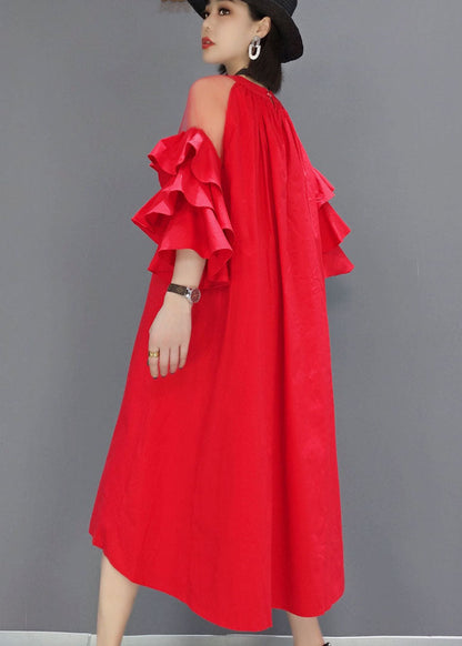 Modern Red wrinkled Patchwork Tulle Butterfly Sleeve A Line Dress