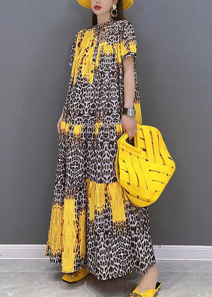 Top Quality Yellow Print Patchwork Long Dress Short Sleeve