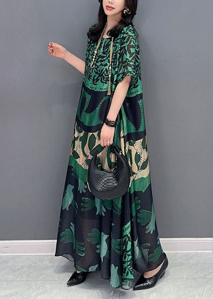 Bohemian Green O Neck Pockets Print Patchwork Silk Long Dresses Summer