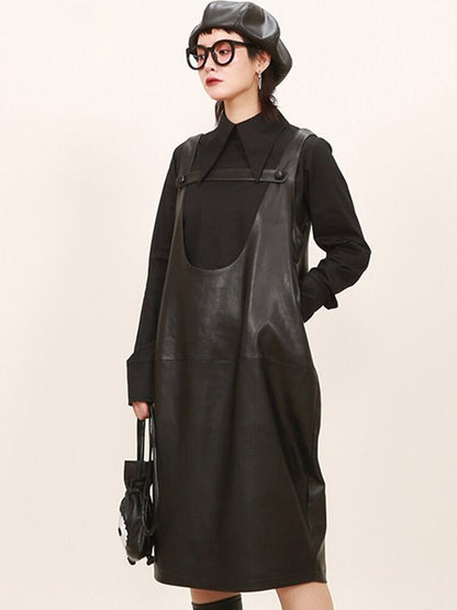 Casual Loose Solid Color U-Neck Splicing Bandage Faux Leather Straps Dress