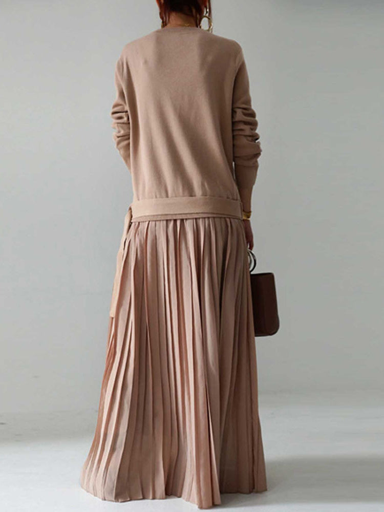 Elegant Round Neck Belt Solid Pullover Knit Panel Long Sleeve Pleated Dress