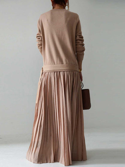 Elegant Round Neck Belt Solid Pullover Knit Panel Long Sleeve Pleated Dress