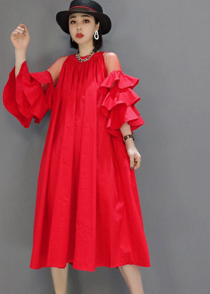 Modern Red wrinkled Patchwork Tulle Butterfly Sleeve A Line Dress