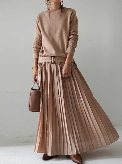 Elegant Round Neck Belt Solid Pullover Knit Panel Long Sleeve Pleated Dress