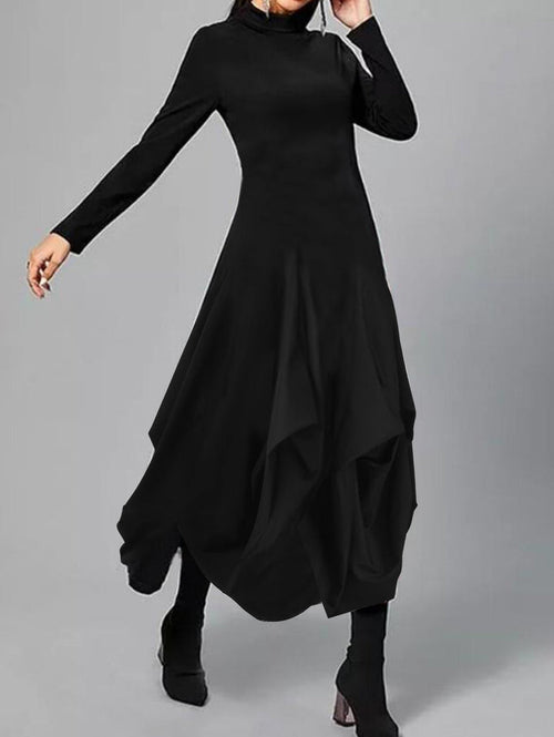 Turtleneck Long Sleeve Asymmetrical Midi Dress