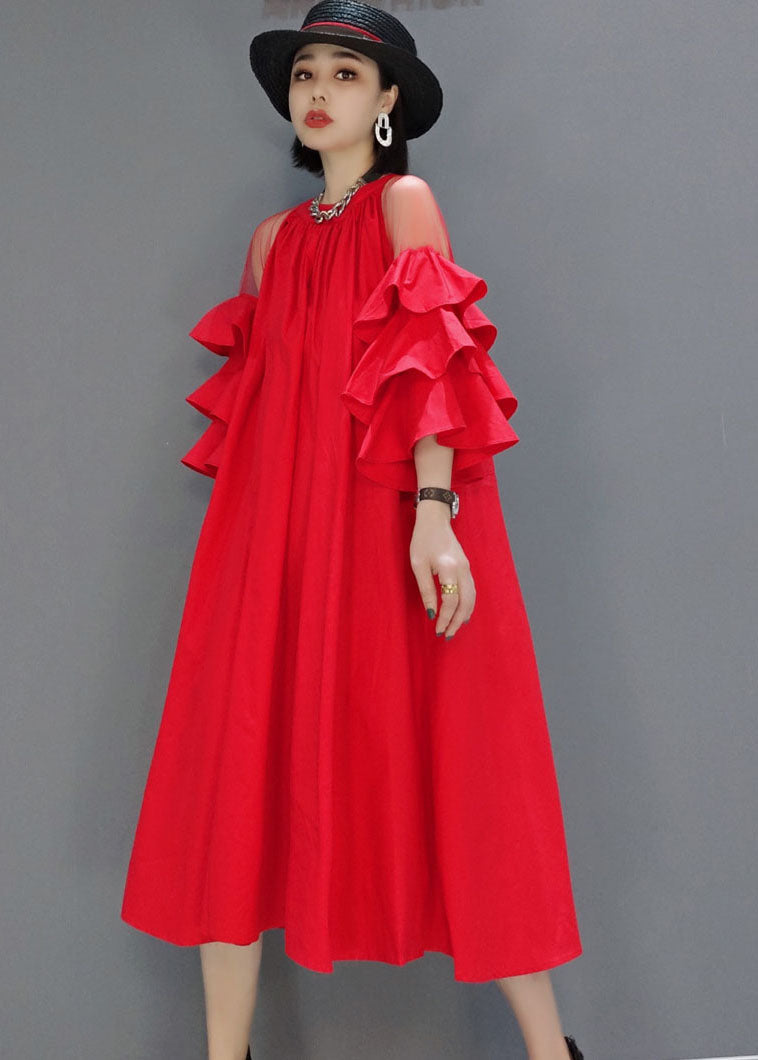 Modern Red wrinkled Patchwork Tulle Butterfly Sleeve A Line Dress