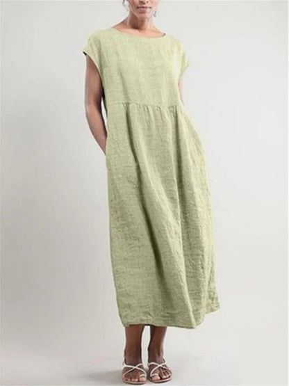 Solid Color Sleeveless Loose Cotton Linen Pocket Dress
