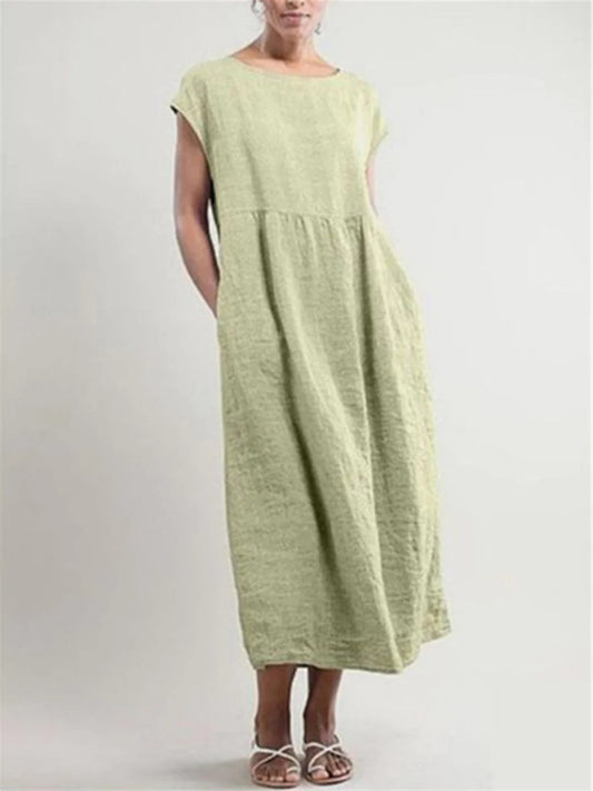 Solid Color Sleeveless Loose Cotton Linen Pocket Dress