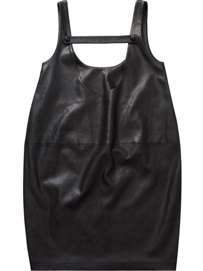 Casual Loose Solid Color U-Neck Splicing Bandage Faux Leather Straps Dress