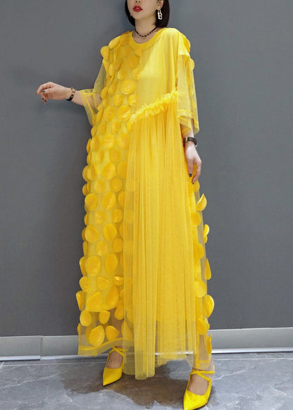 Plus Size Yellow Patchwork Tulle long Dresses