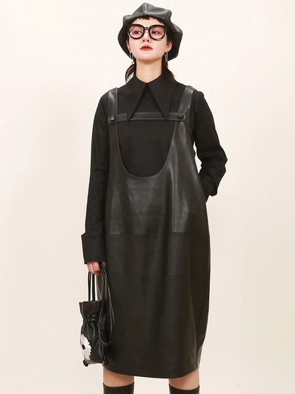 Casual Loose Solid Color U-Neck Splicing Bandage Faux Leather Straps Dress