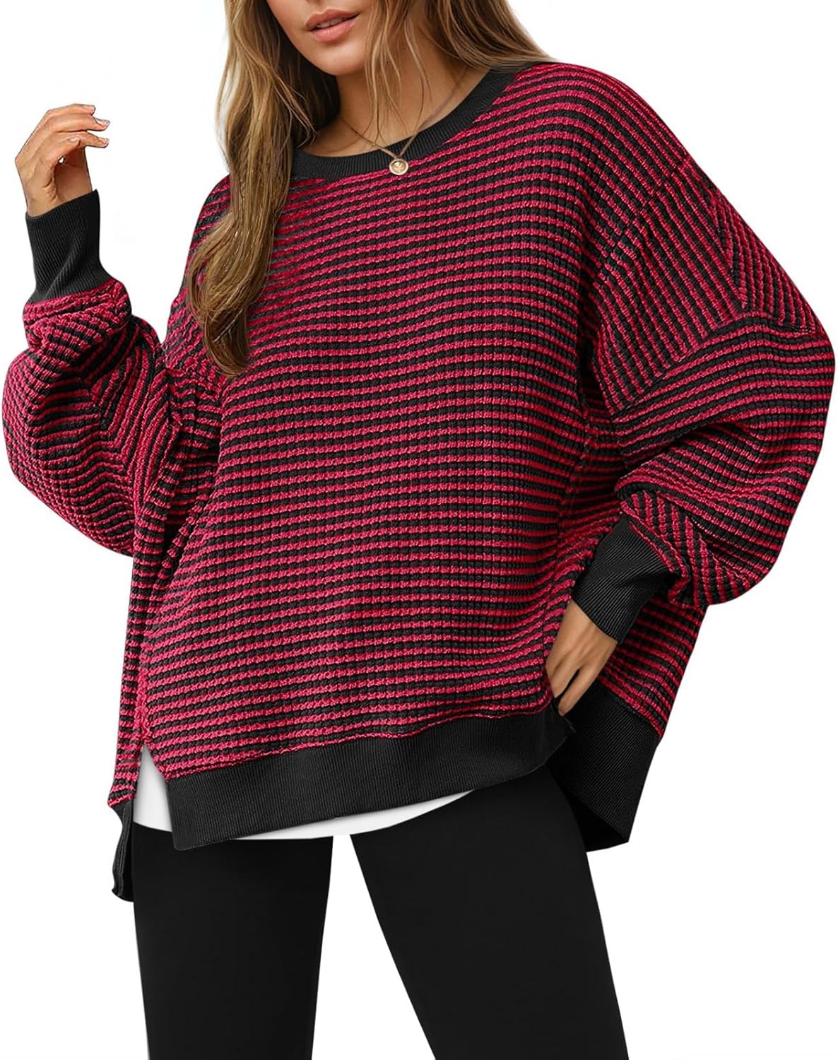 ⏰Hot Sale-Women's Oversized Sweatshirt Waffle Long Sleeve Split Pullover Tunic Tops(BUY 2 FREE SHIPPING)